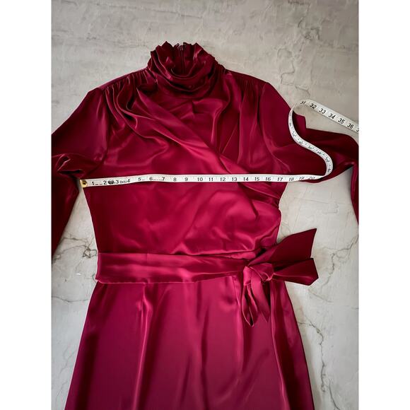 Alexia Admor Dress Sz 8 Red Satin Maxi Faux Wrap Belted High Neck Long Sleeve - Picture 7 of 13